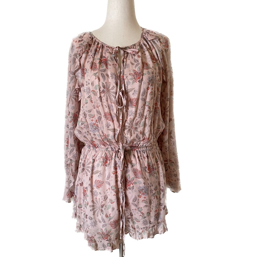 OLIVACEOUS New Peach Floral Rayon Romper with Ruffles, Size S